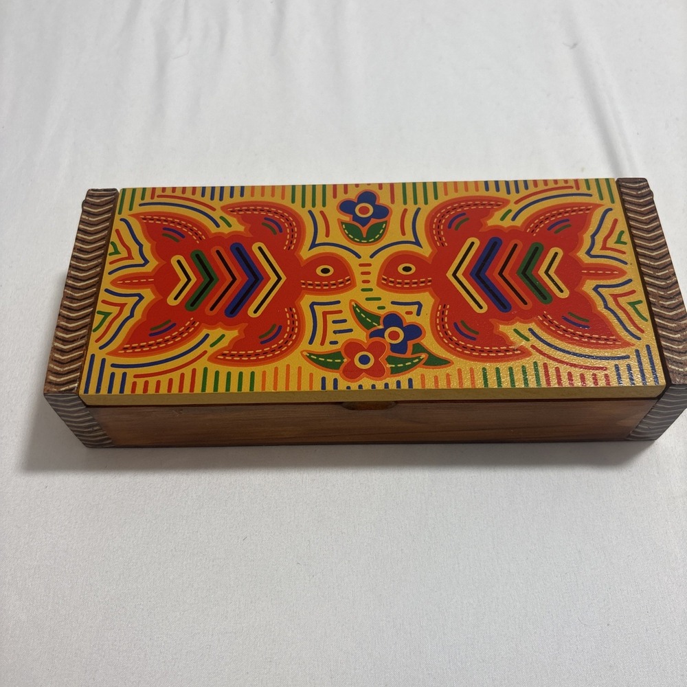 Handmade Colombian Wooden Box – Folk Art Jewelry Trinket Box